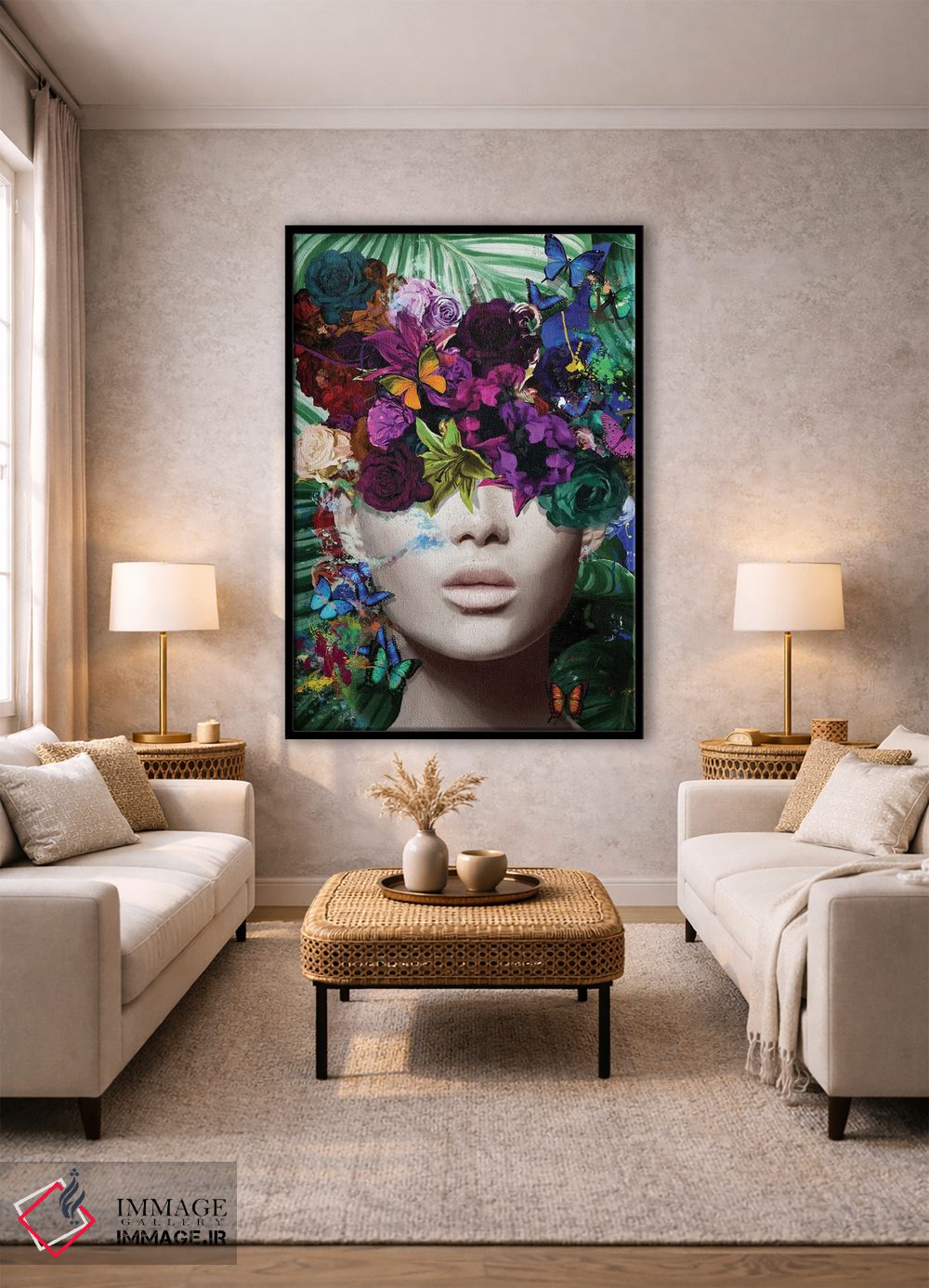 تابلو مدرن اگنس با گل ها، شاخ و برگ و پروانه ها اثر مارسیا آلک - D2B