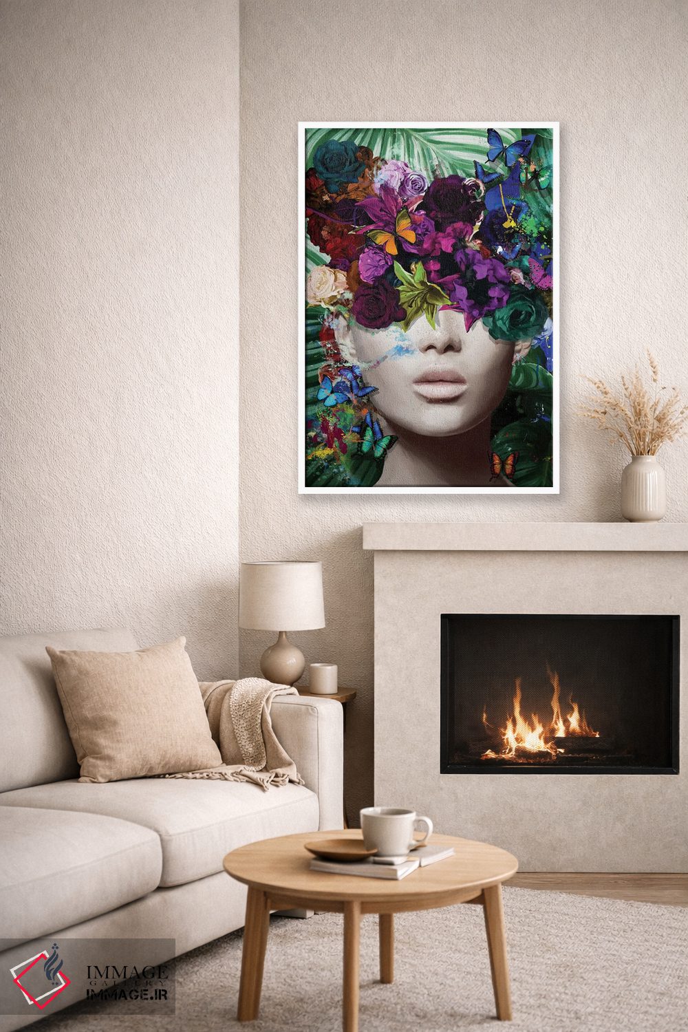 تابلو مدرن اگنس با گل ها، شاخ و برگ و پروانه ها اثر مارسیا آلک - D6W