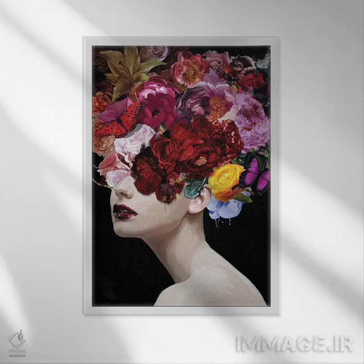 تابلو مدرن سوسن با گل ها و پروانه ها اثر مارسیا آلک - نمای قابدار سفید
