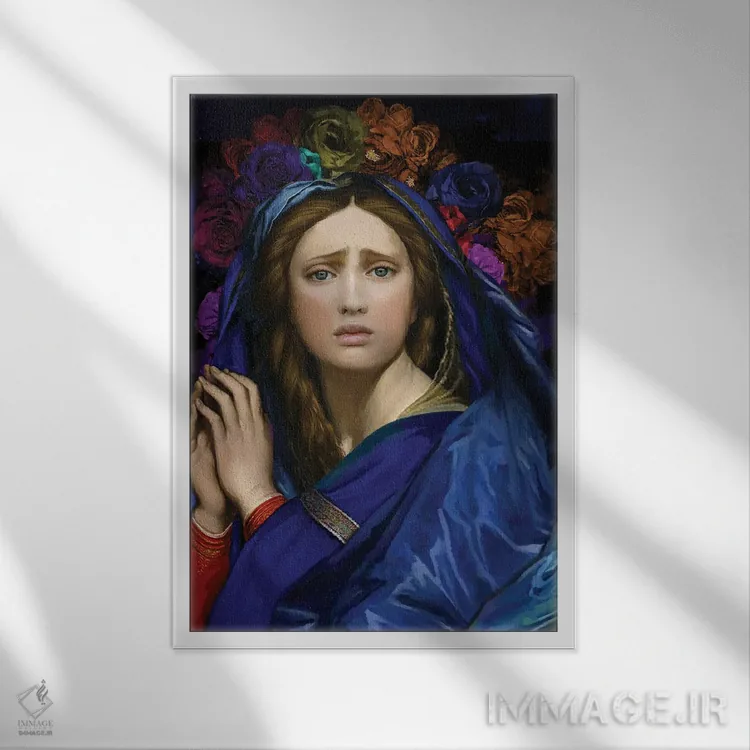 تابلو مدرن بانوی ما با گل بر سر اثر مارسیا آلک - نمای قابدار سفید