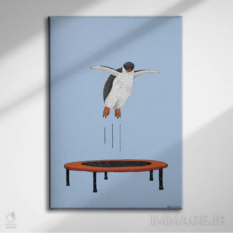 تابلو مدرن پنگوئن روی ترامپولین اثر مارتینا اسکات - نمای روبهرو روی دیوار