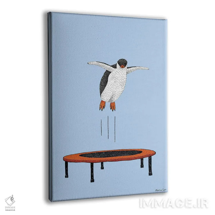 تابلو مدرن پنگوئن روی ترامپولین اثر مارتینا اسکات - نمای پرسپکتیو محصول