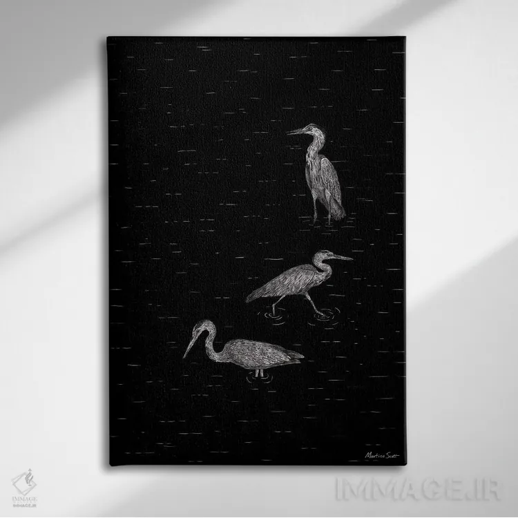 تابلو مینیمال سه حواصیل اثر مارتینا اسکات - نمای روبهرو روی دیوار