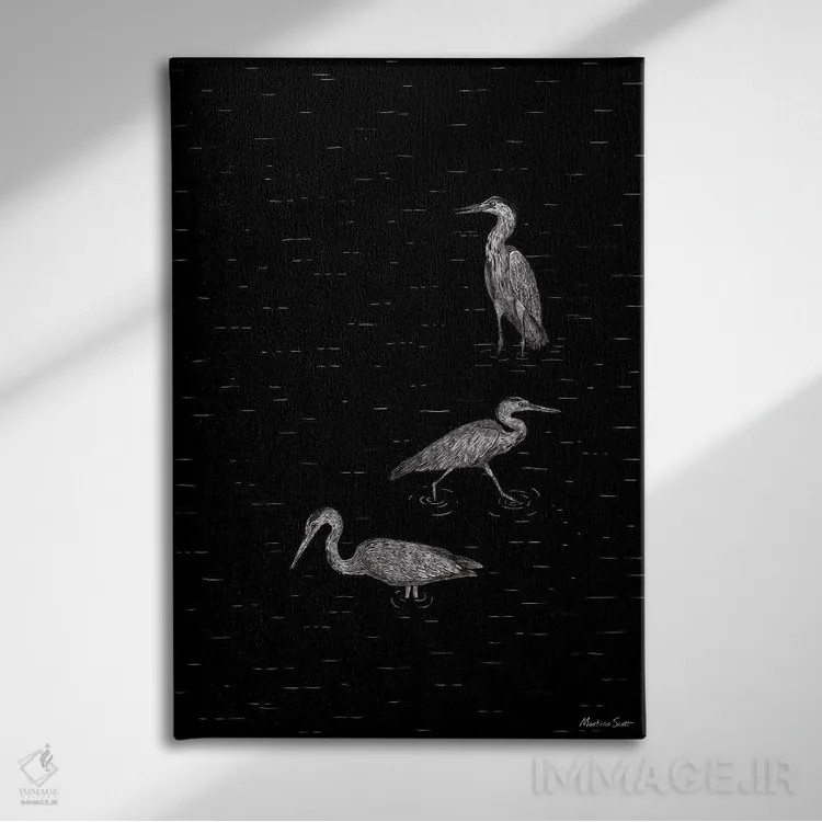 تابلو مینیمال سه حواصیل اثر مارتینا اسکات - نمای روبهرو روی دیوار