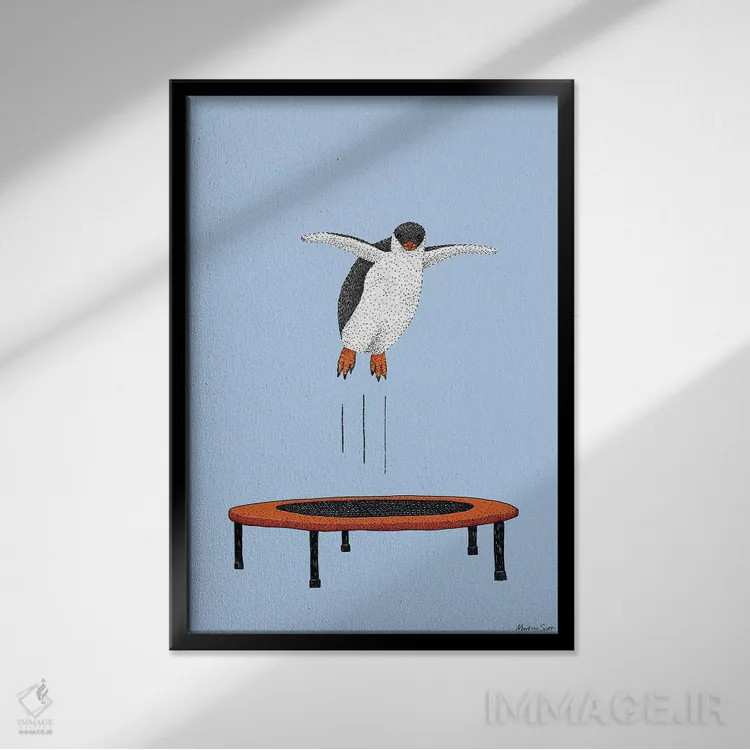 تابلو مدرن پنگوئن روی ترامپولین اثر مارتینا اسکات - نمای قابدار مشکی