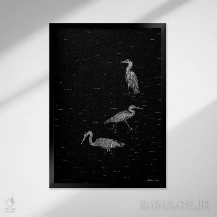 تابلو مینیمال سه حواصیل اثر مارتینا اسکات - نمای قابدار مشکی