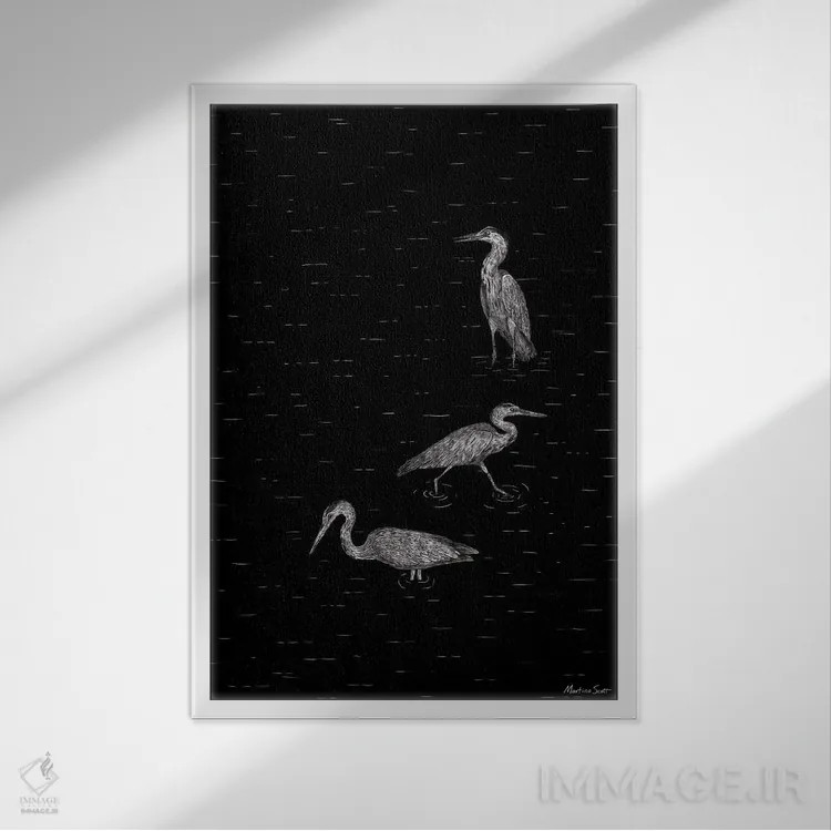 تابلو مینیمال سه حواصیل اثر مارتینا اسکات - نمای قابدار سفید