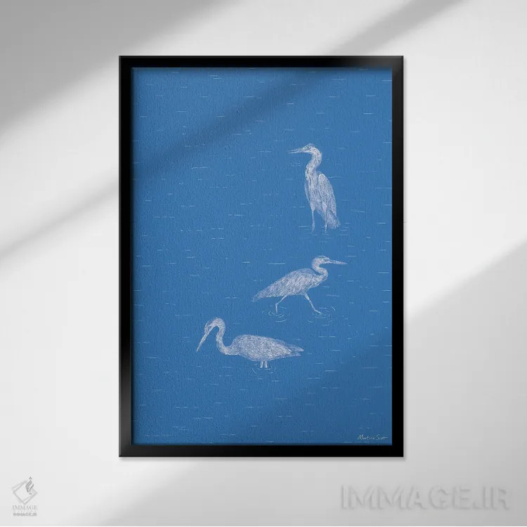 تابلو مینیمال سه حواصیل اثر مارتینا اسکات - نمای قابدار مشکی