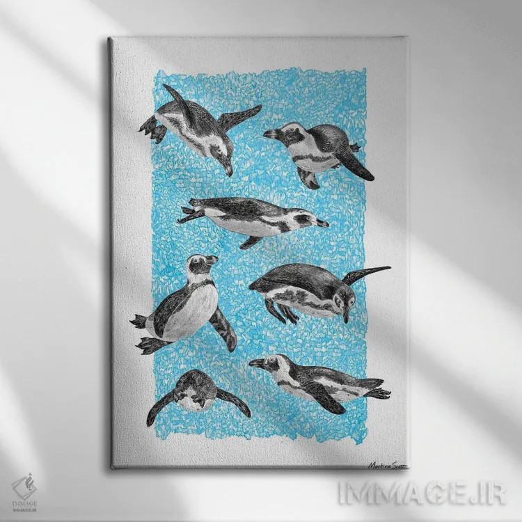 تابلو مدرن پنگوئن های آفریقایی اثر مارتینا اسکات - نمای روبهرو روی دیوار