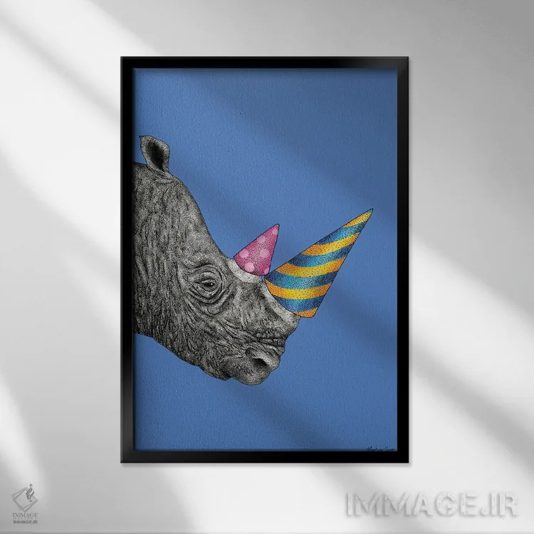 تابلو مدرن کرگدن مهمانی اثر مارتینا اسکات - نمای قابدار مشکی