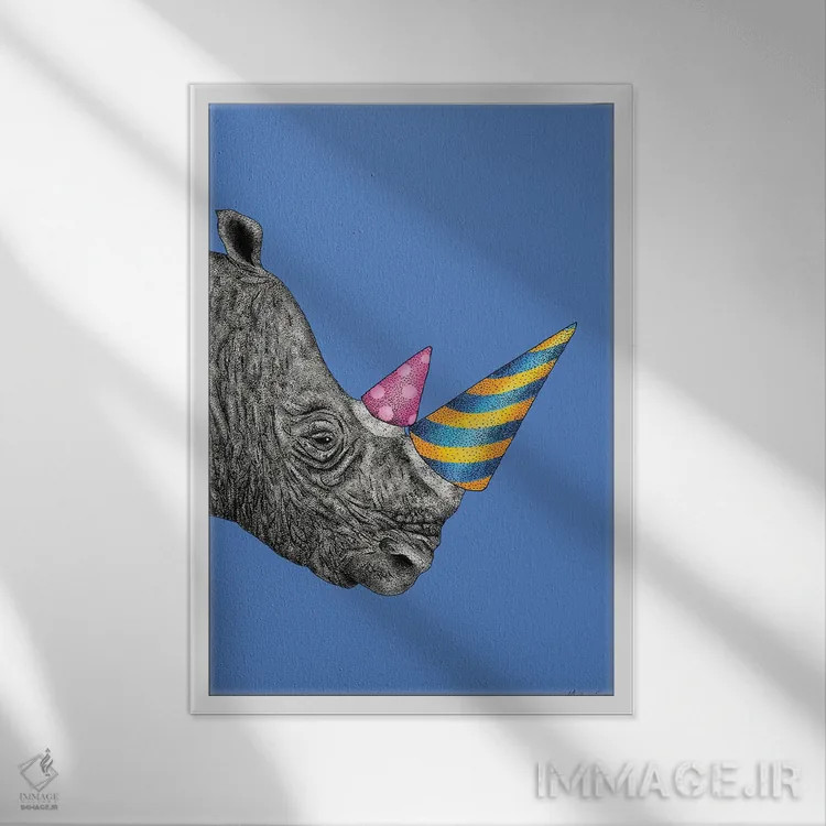 تابلو مدرن کرگدن مهمانی اثر مارتینا اسکات - نمای قابدار سفید