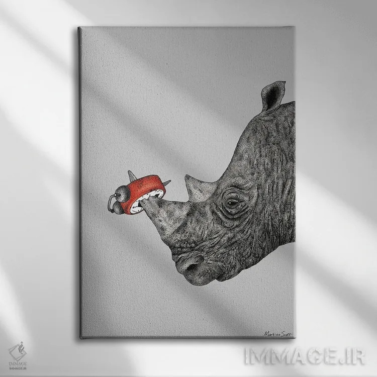 تابلو مدرن کرگدن خسته اثر مارتینا اسکات - نمای روبهرو روی دیوار