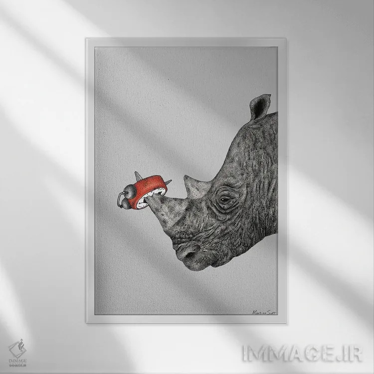 تابلو مدرن کرگدن خسته اثر مارتینا اسکات - نمای قابدار سفید