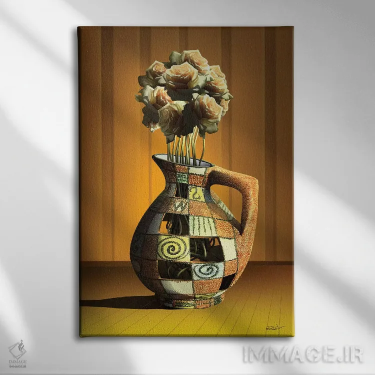 تابلو دکوراتیو گلدان گل رز اثر مارسل کارام - نمای روبهرو روی دیوار