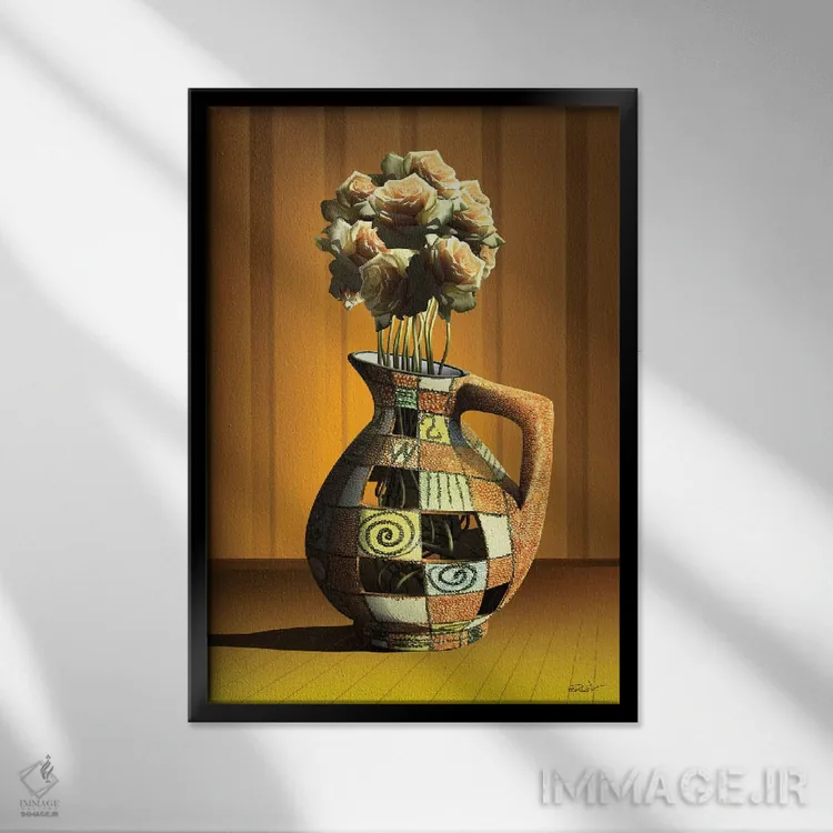 تابلو دکوراتیو گلدان گل رز اثر مارسل کارام - نمای قابدار مشکی