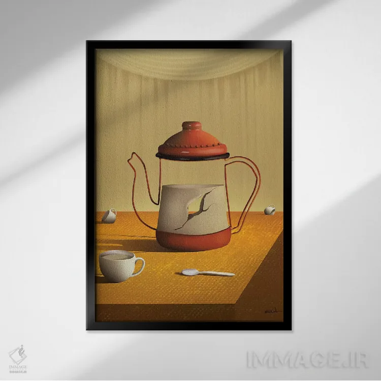 تابلو دکوراتیو قوری روی میز اثر مارسل کارام - نمای قابدار مشکی