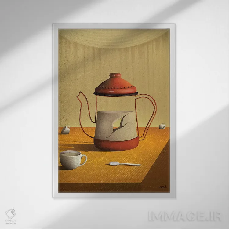 تابلو دکوراتیو قوری روی میز اثر مارسل کارام - نمای قابدار سفید