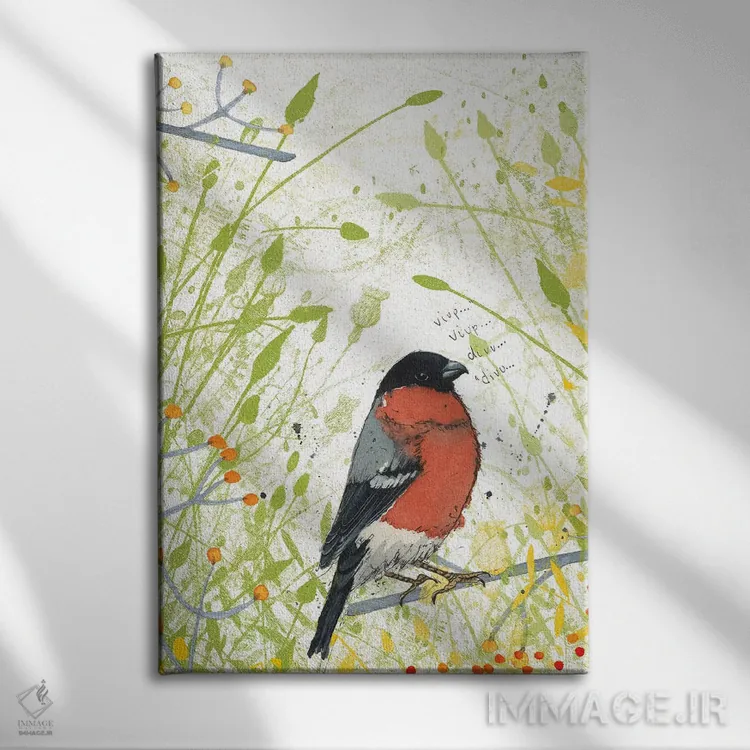 تابلو دکوراتیو فنچ سینه سرخ اثر میشل کمپل - نمای روبهرو روی دیوار