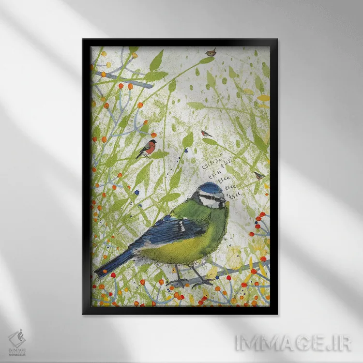 تابلو دکوراتیو مرغ آبی کوچک اثر میشل کمپل - نمای قابدار مشکی