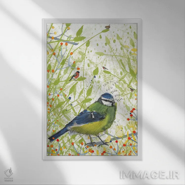 تابلو دکوراتیو مرغ آبی کوچک اثر میشل کمپل - نمای قابدار سفید