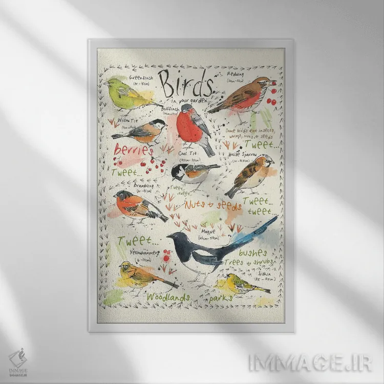 تابلو مدرن پرندگان در باغ شما ۱ اثر میشل کمپل - نمای قابدار سفید