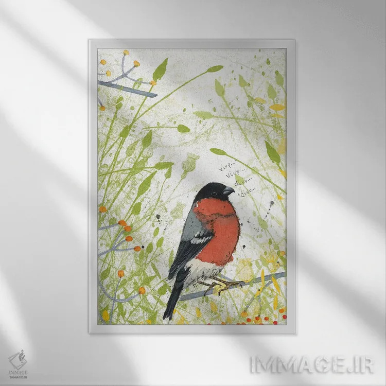 تابلو دکوراتیو فنچ سینه سرخ اثر میشل کمپل - نمای قابدار سفید