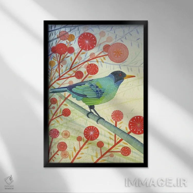 تابلو دکوراتیو عسل خوار سبز اثر میشل کمپل - نمای قابدار مشکی