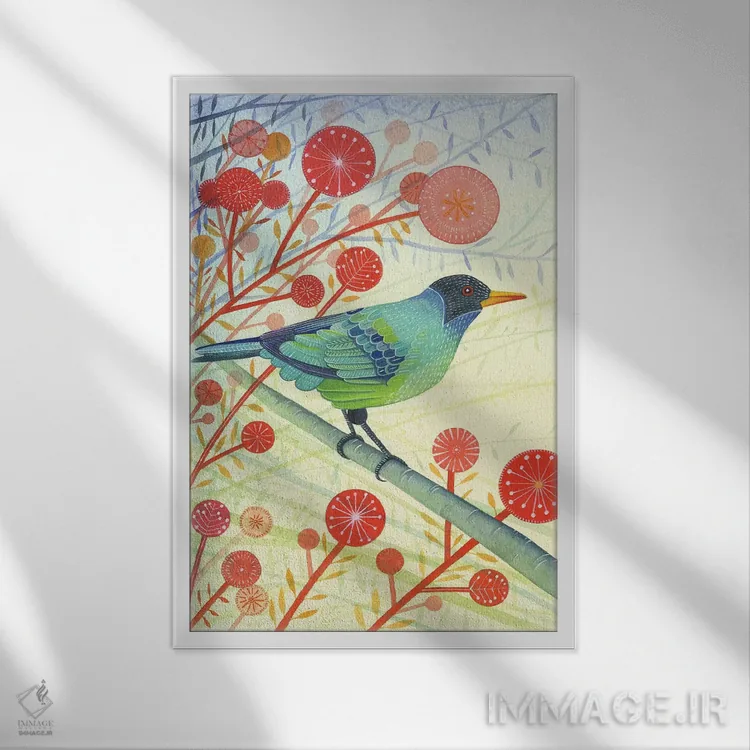 تابلو دکوراتیو عسل خوار سبز اثر میشل کمپل - نمای قابدار سفید