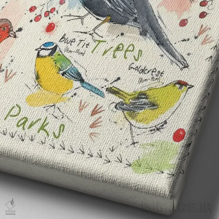 تابلو مدرن پرندگان در باغ شما ۲ اثر میشل کمپل - نمای نزدیک بافت بوم