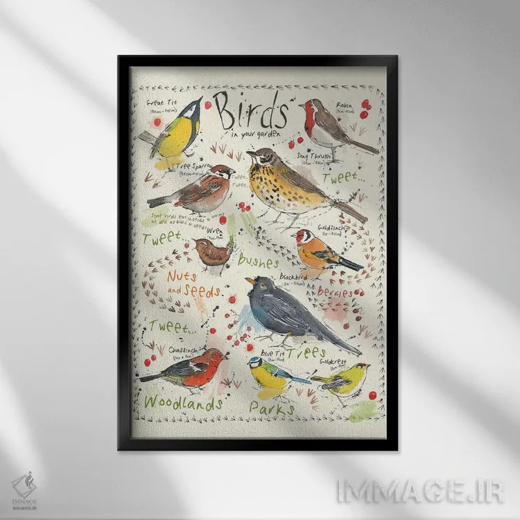 تابلو مدرن پرندگان در باغ شما ۲ اثر میشل کمپل - نمای قابدار مشکی