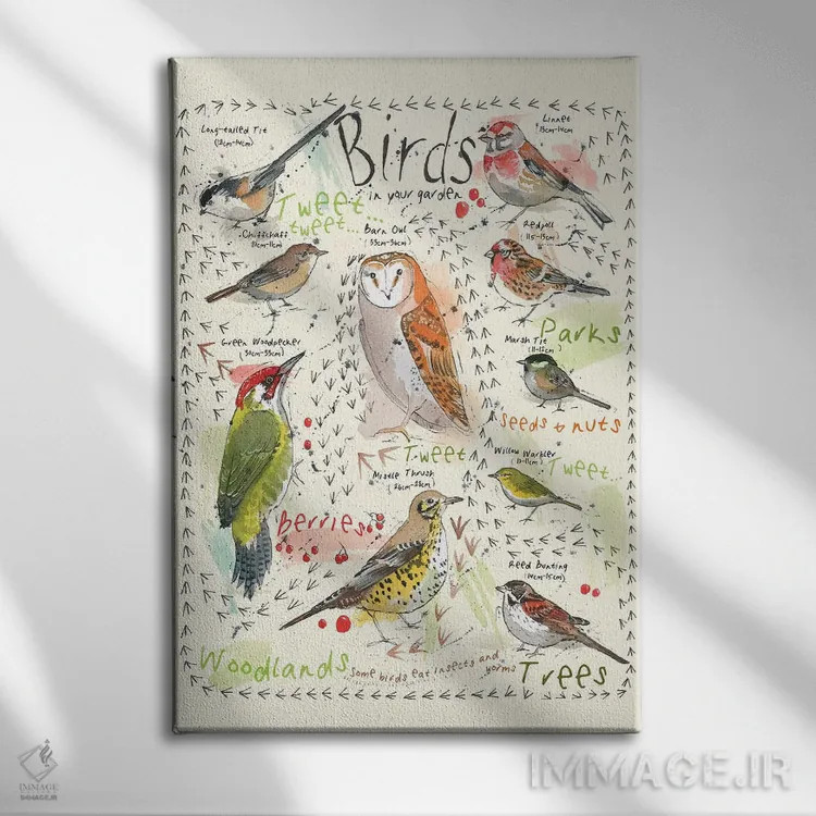 تابلو مدرن پرندگان در باغ شما ۳ اثر میشل کمپل - نمای روبهرو روی دیوار