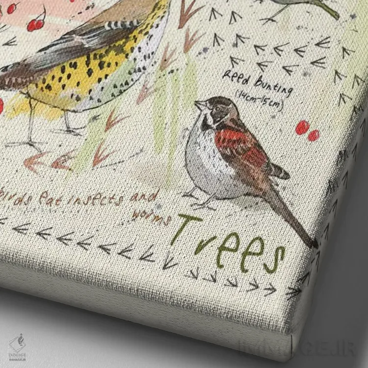 تابلو مدرن پرندگان در باغ شما ۳ اثر میشل کمپل - نمای نزدیک بافت بوم