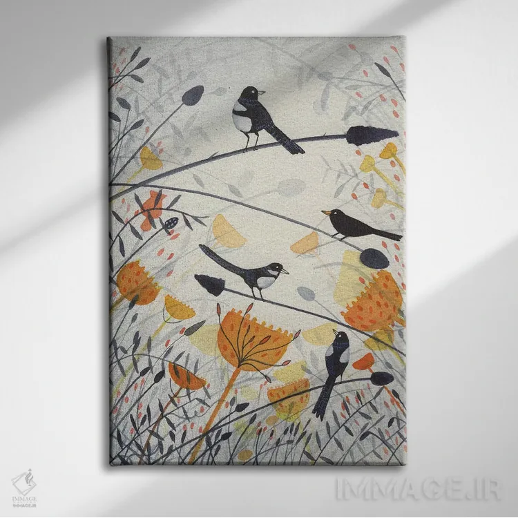 تابلو دکوراتیو سه زاغی و یک مرغ سیاه اثر میشل کمپل - نمای روبهرو روی دیوار