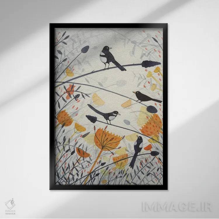 تابلو دکوراتیو سه زاغی و یک مرغ سیاه اثر میشل کمپل - نمای قابدار مشکی