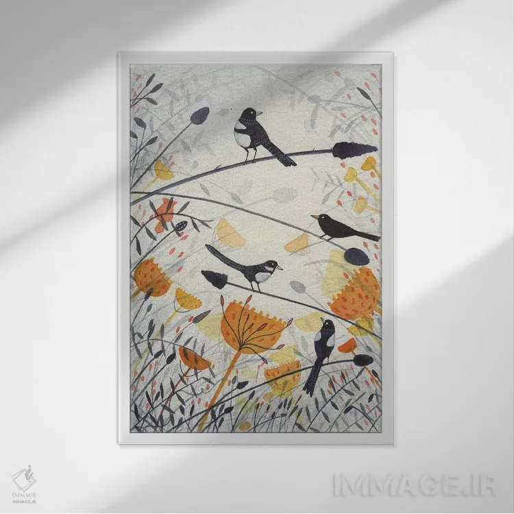 تابلو دکوراتیو سه زاغی و یک مرغ سیاه اثر میشل کمپل - نمای قابدار سفید