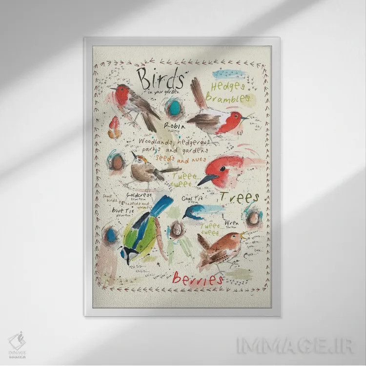 تابلو مدرن پرندگان در باغ شما ۴ اثر میشل کمپل - نمای قابدار سفید