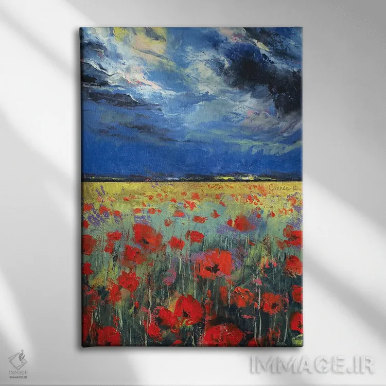 تابلو دکوراتیو شقایق ها زیر نور ماه اثر مایکل کریس - نمای روبهرو روی دیوار