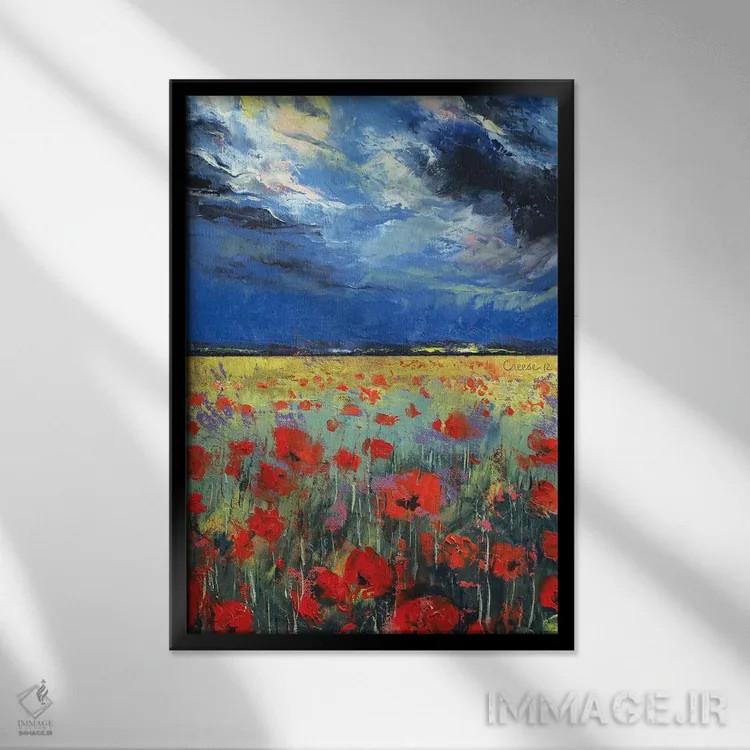 تابلو دکوراتیو شقایق ها زیر نور ماه اثر مایکل کریس - نمای قابدار مشکی