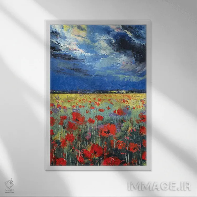 تابلو دکوراتیو شقایق ها زیر نور ماه اثر مایکل کریس - نمای قابدار سفید