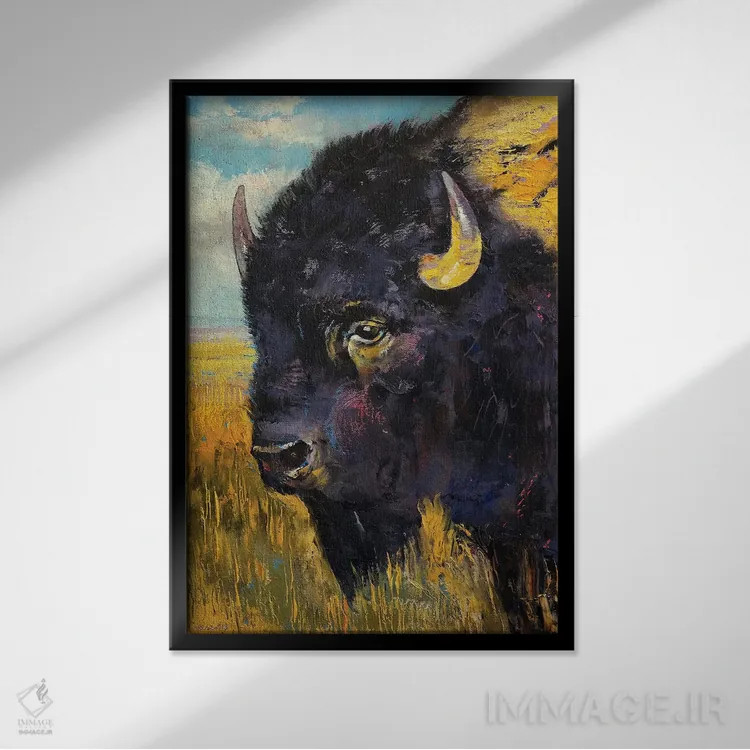 تابلو دکوراتیو گاومیش آمریکایی اثر مایکل کریس - نمای قابدار مشکی