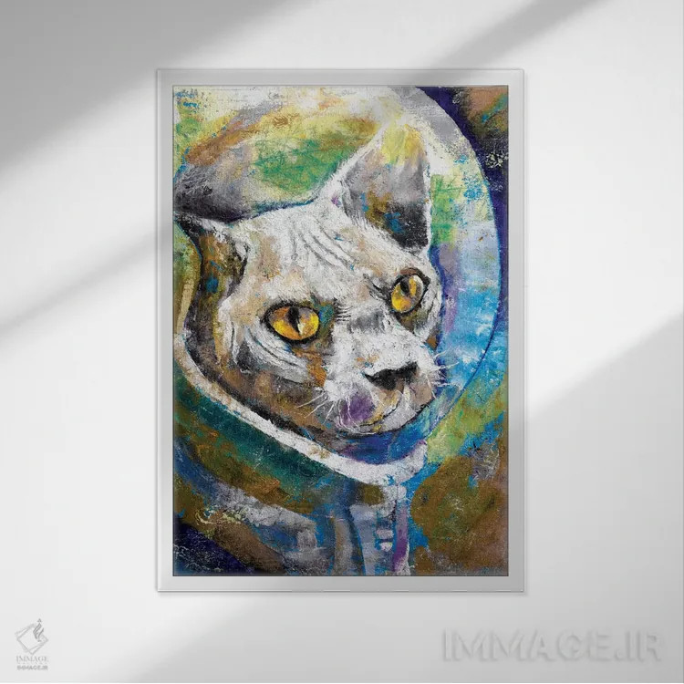 تابلو دکوراتیو گربه فضایی اثر مایکل کریس - نمای قابدار سفید
