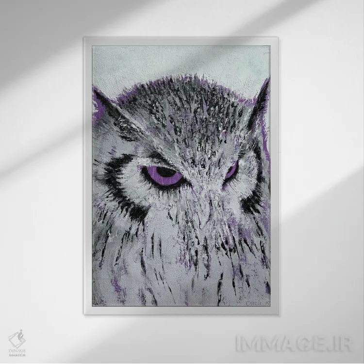 تابلو دکوراتیو جغد بنفش اثر مایکل کریس - نمای قابدار سفید