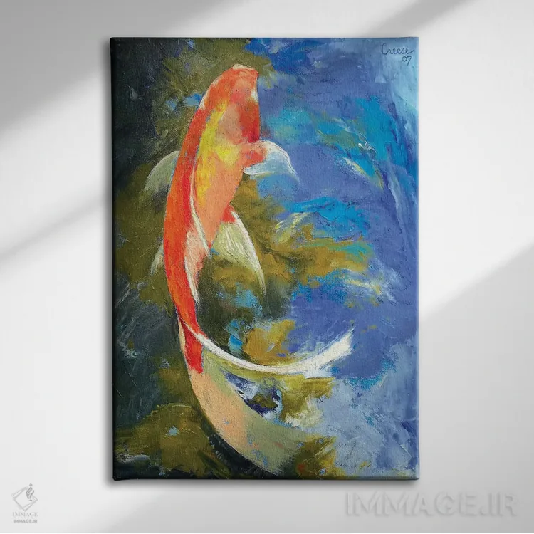 تابلو دکوراتیو نقاشی ماهی کوی پروانه ای اثر مایکل کریس - نمای روبهرو روی دیوار