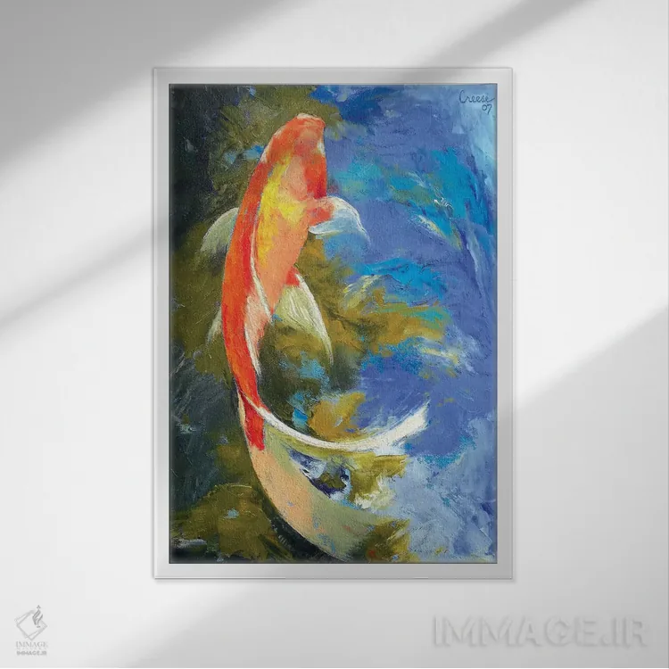تابلو دکوراتیو نقاشی ماهی کوی پروانه ای اثر مایکل کریس - نمای قابدار سفید