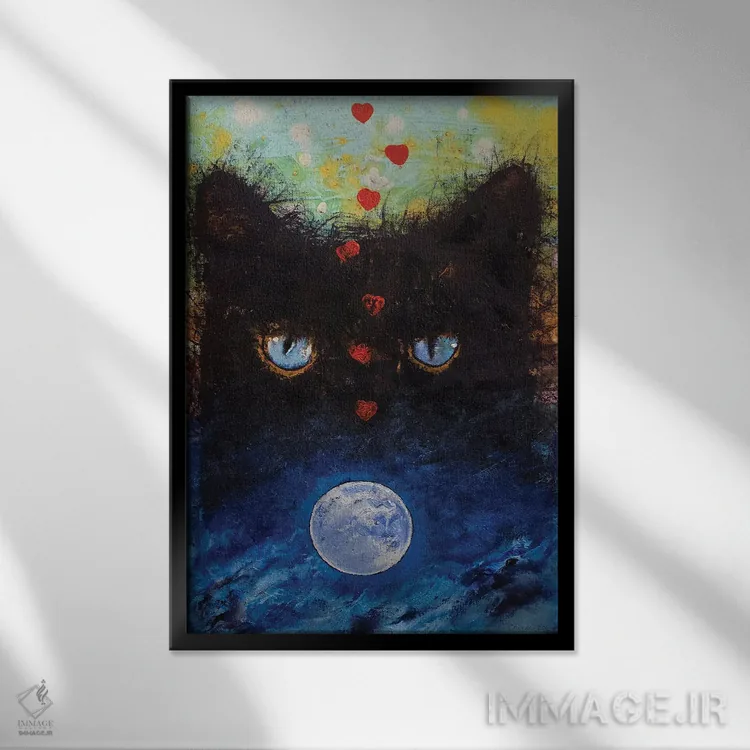 تابلو دکوراتیو گربه سیاه در نور ماه اثر مایکل کریس - نمای قابدار مشکی