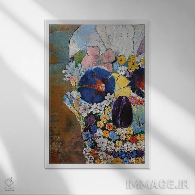 تابلو دکوراتیو جمجمه گلدار اثر مایکل کریس - نمای قابدار سفید
