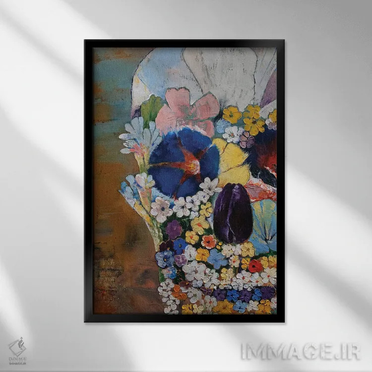 تابلو دکوراتیو جمجمه گلدار اثر مایکل کریس - نمای قابدار مشکی