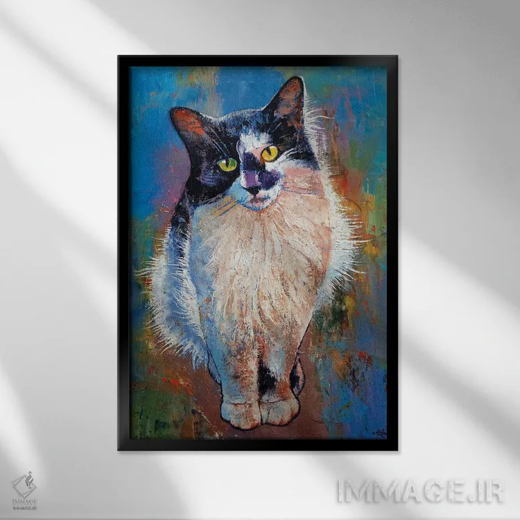 تابلو دکوراتیو گربه سیاه و سفید اثر مایکل کریس - نمای قابدار مشکی