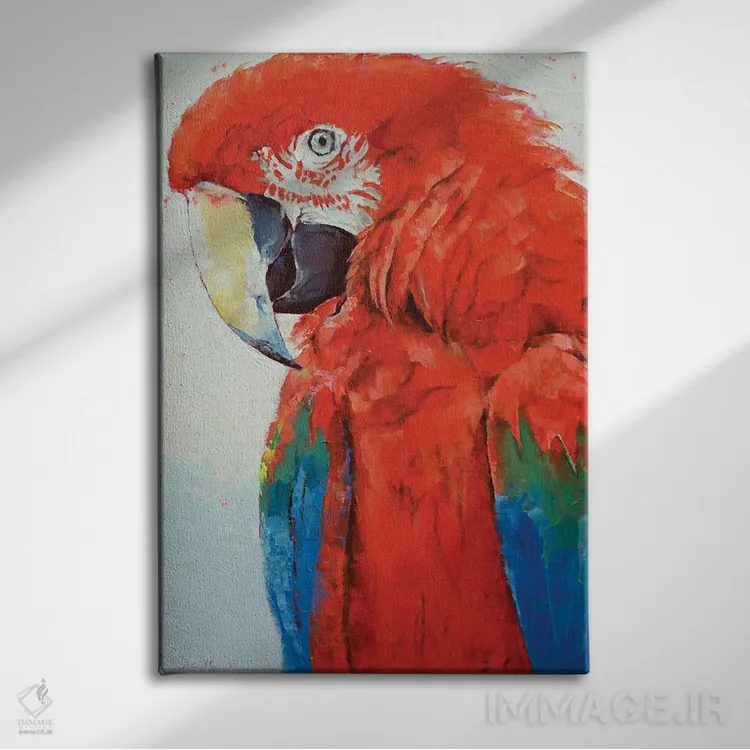 تابلو دکوراتیو طوطی قرمز اثر مایکل کریس - نمای روبهرو روی دیوار
