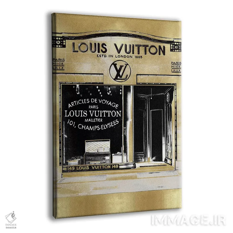 تابلو دکوراتیو ویترین فروشگاه طراح در زمینه طلایی اثر مدلین بلیک - نمای پرسپکتیو محصول